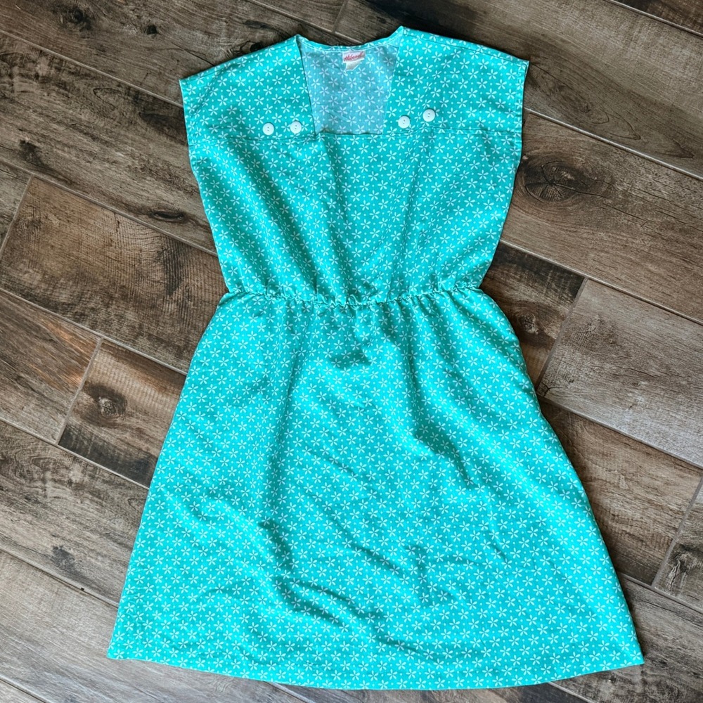 Haband Vintage 70s Daisy‎ Print Square Neck Elastic Waist Midi Dress, Green,14